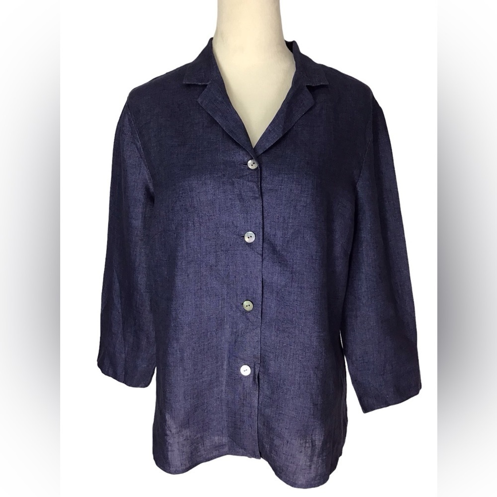 Finity Naturals Blue Linen 3/4 Sleeve Button Up Blouse Size Large NEW